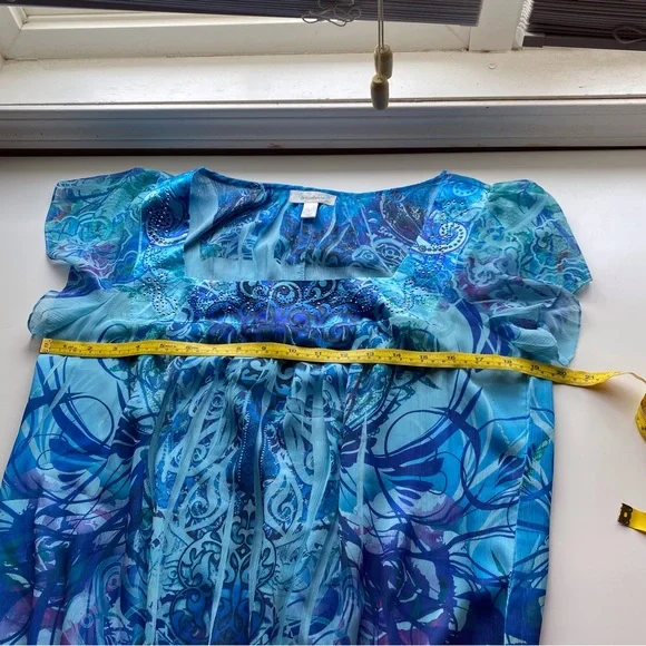 Y2K DressBarn Blue Abstract Paisley Blouse Smocked Hem Flutter Sleeve - Picture 11 of 14